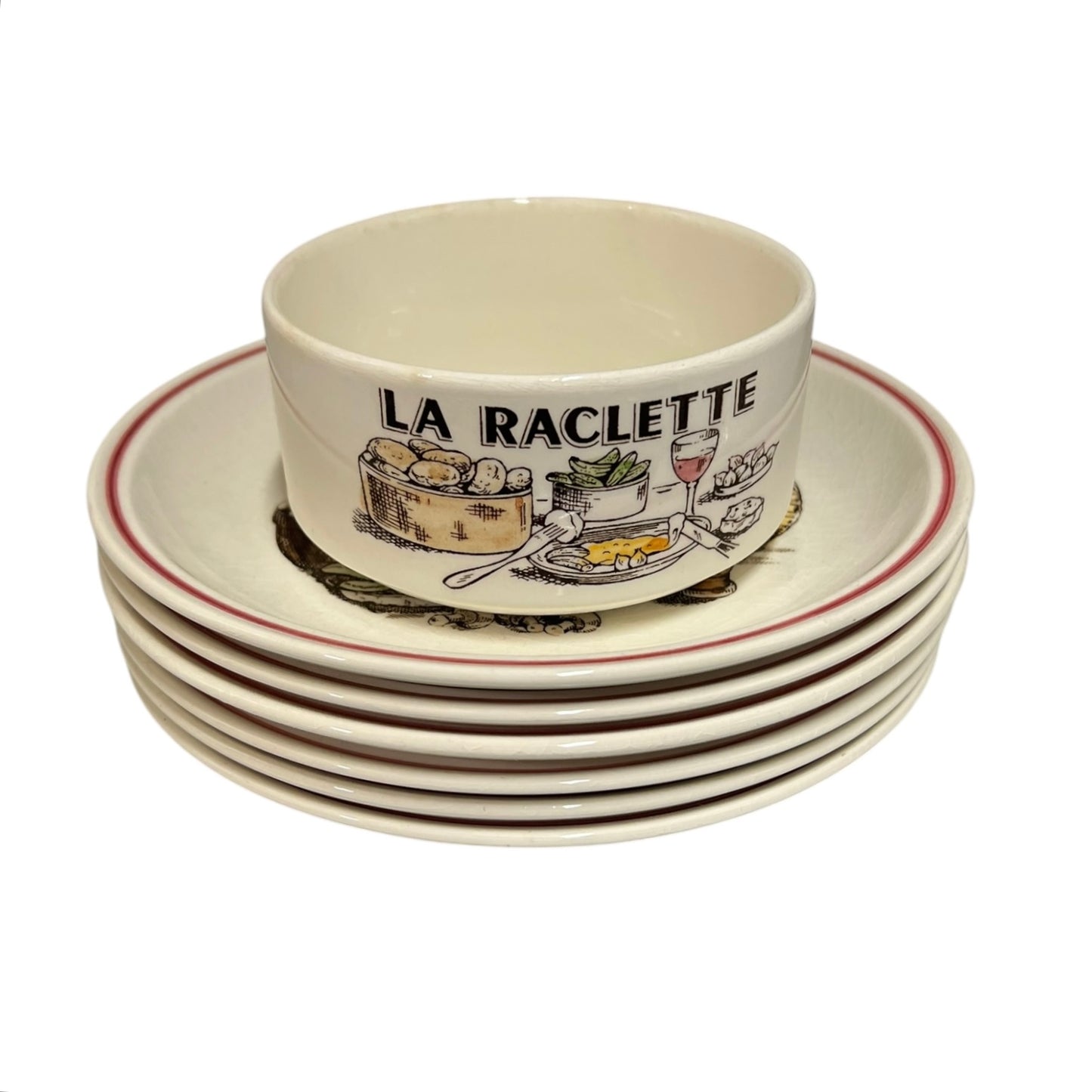 Set of 'La Raclette' ceramic plates and bowl with illustrations on a white background