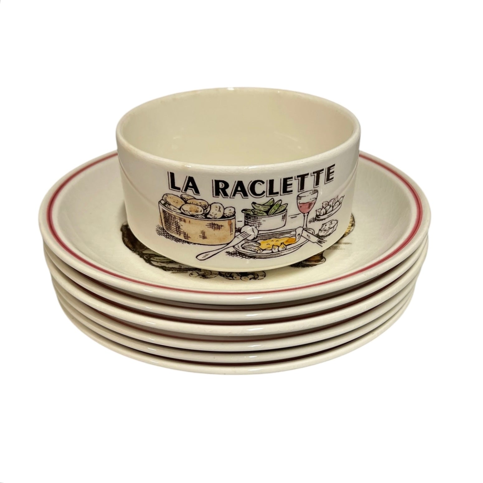 Set of 'La Raclette' ceramic plates and bowl with illustrations on a white background