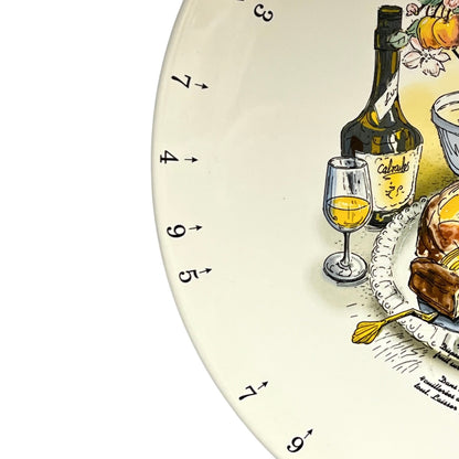 Decorative platter with wine bottle, glass, and food illustration on a white background