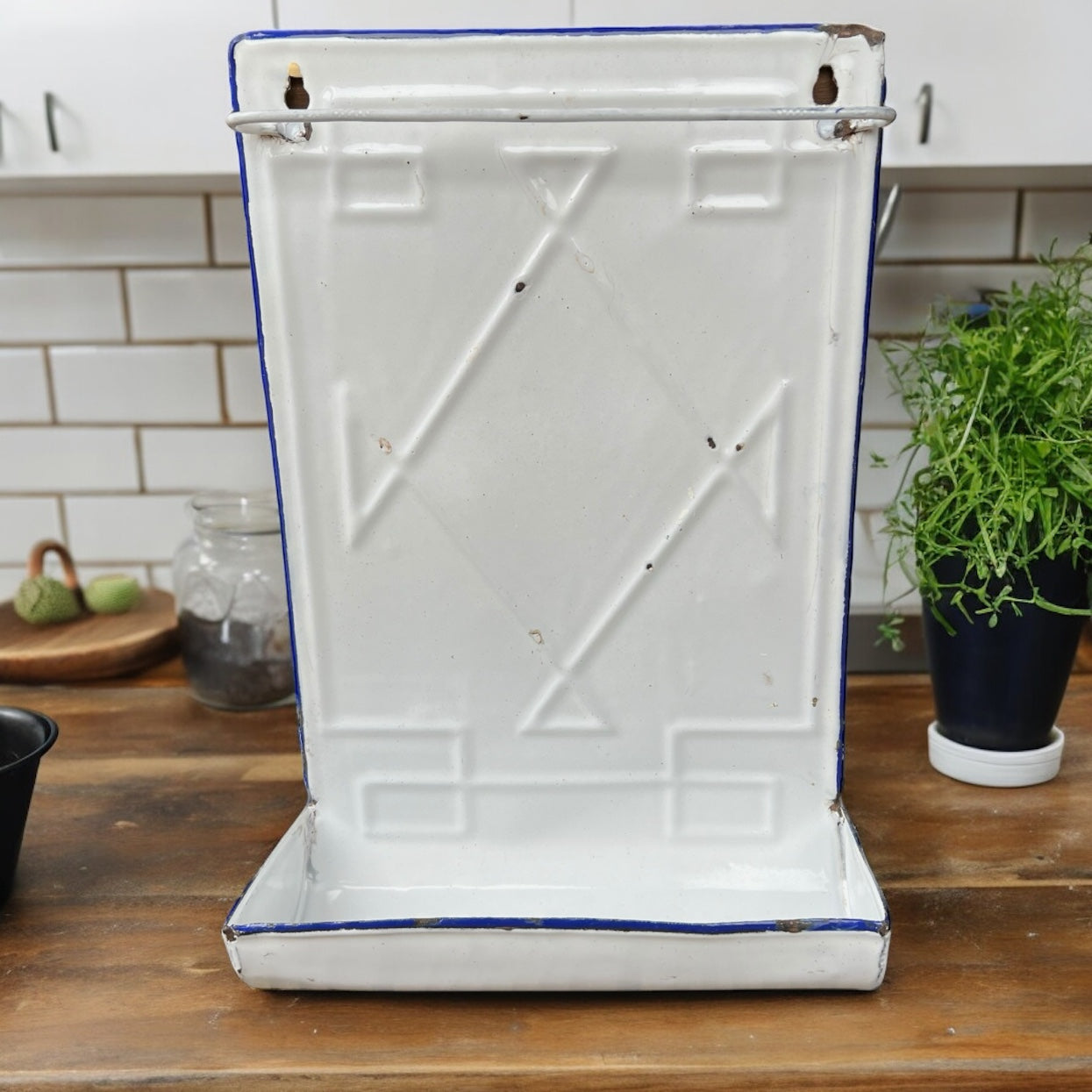 French vintage enamel utensil rack with drip tray for sale 