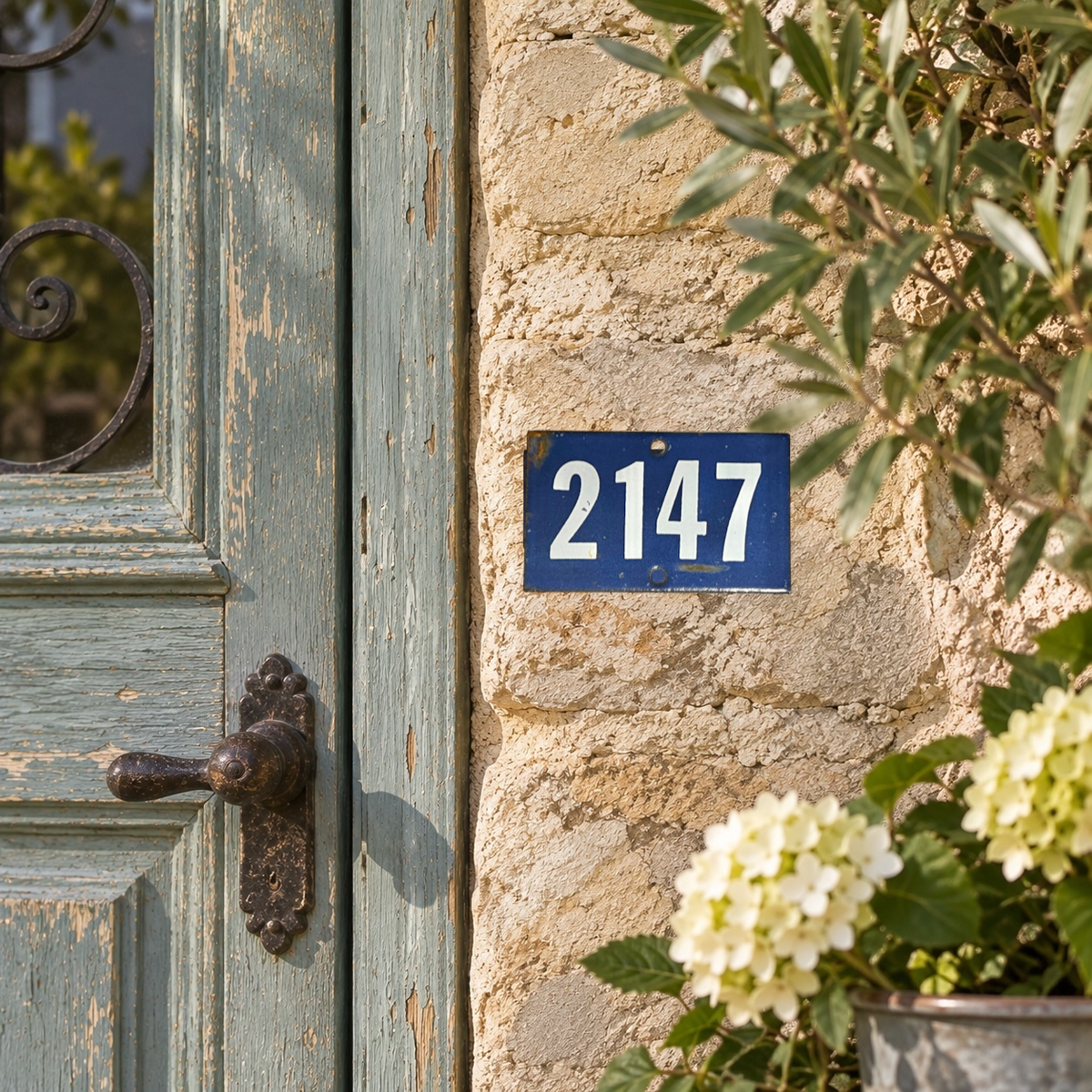 Blue enamel number 2147 on a stone wall 