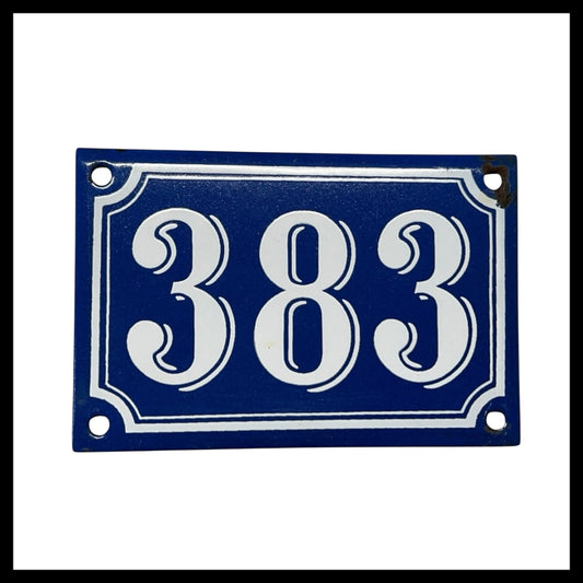 French Vintage Antique Enamel Door Number 383, White and Blue House Number 383 for sale from All Things French Store