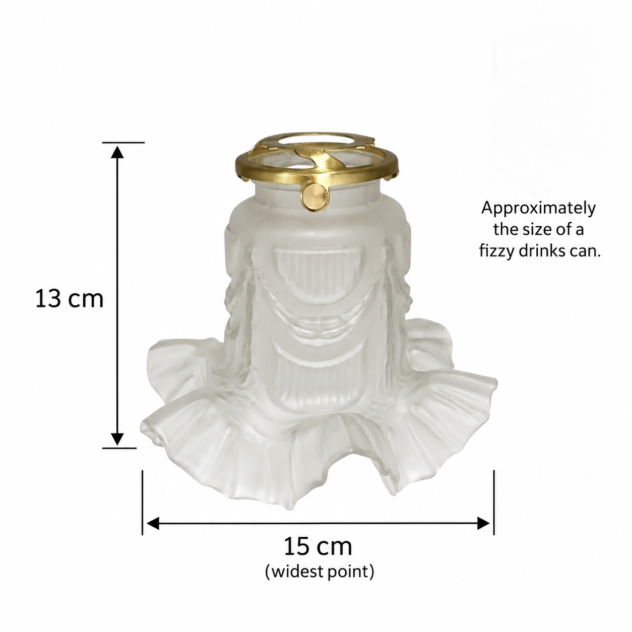 A white decorative lampshade with a gold ring at the top, shown with dimension labels indicating 13 cm height and 15 cm width, on a light grey background.