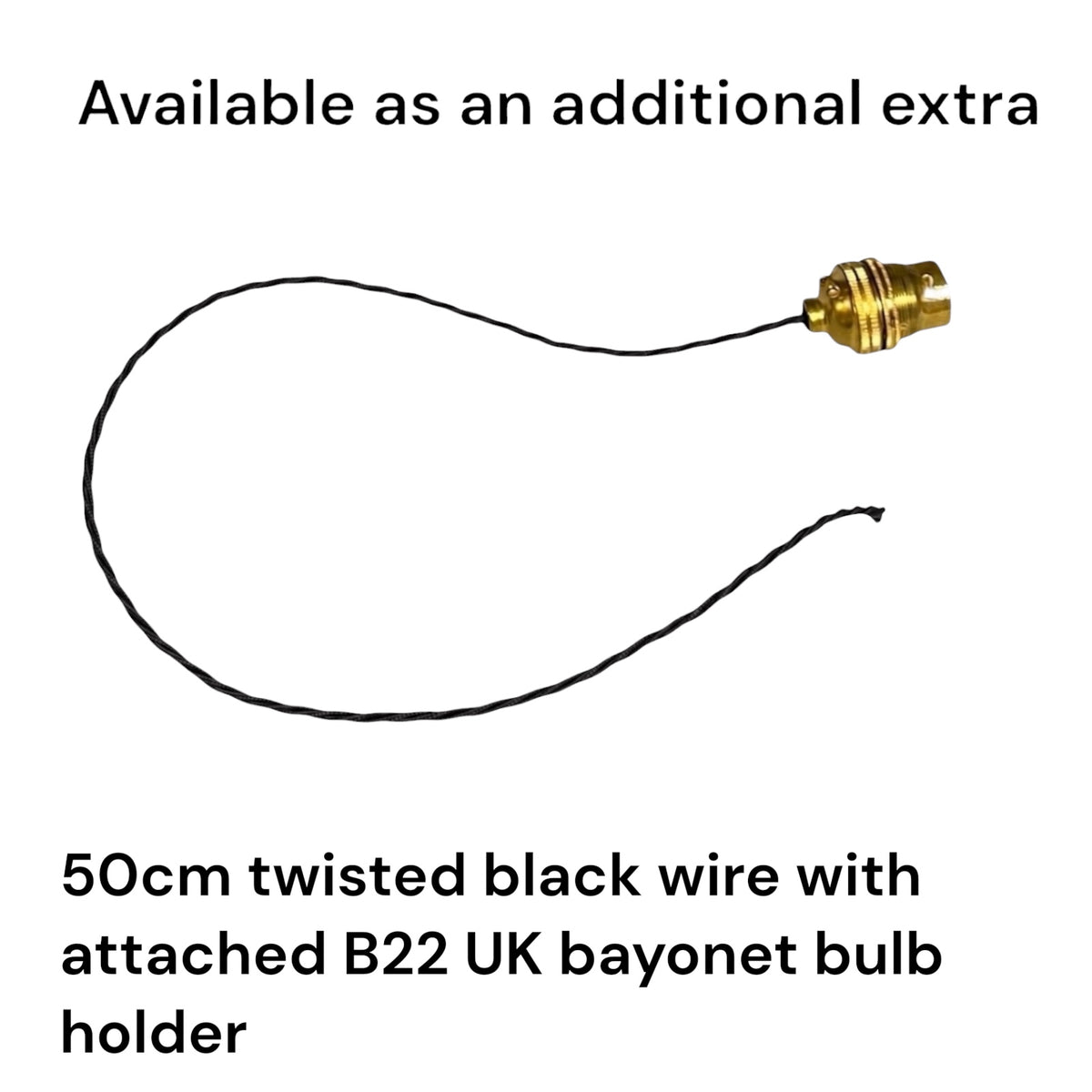 Twisted black 50cm wire with an attached brass B22 UK bayonet bulb holder, shown on a white background with descriptive text.