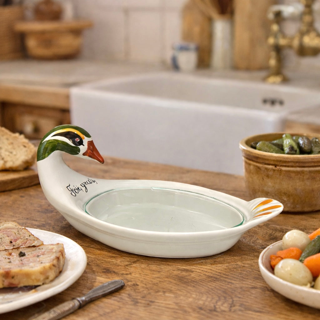 White ceramic dish shaped like a duck on a kitchen counter with food items around.