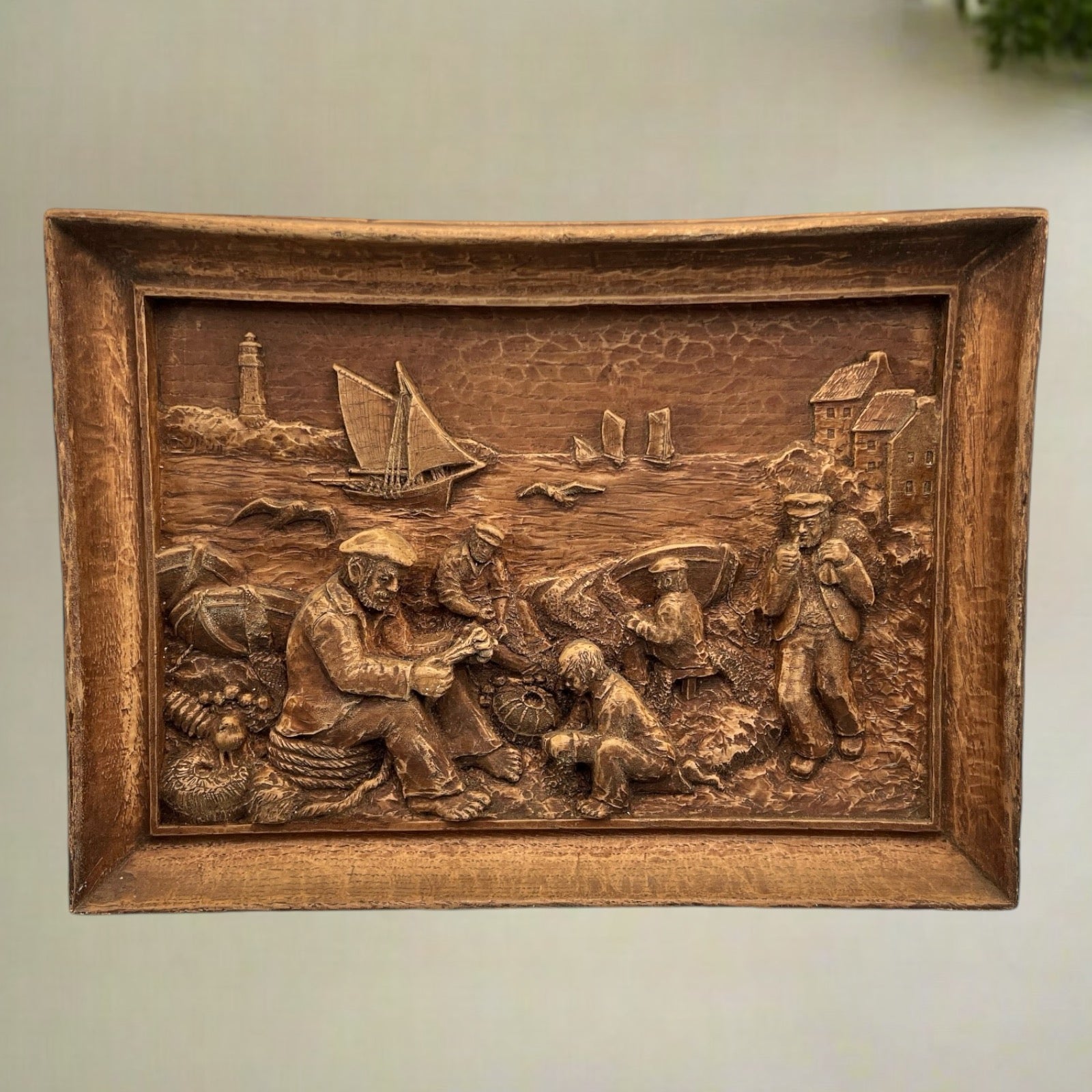 Wooden Arts and Crafts, French Vintage Sea Scene, Hand Carved Bas Relief 