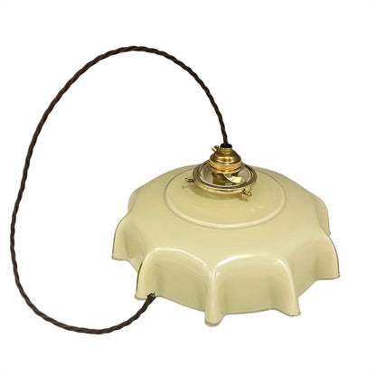 Vintage French milk glass pendant light with scalloped edge shade, brass gallery, and twisted brown fabric cord, rewired for UK use on a white background