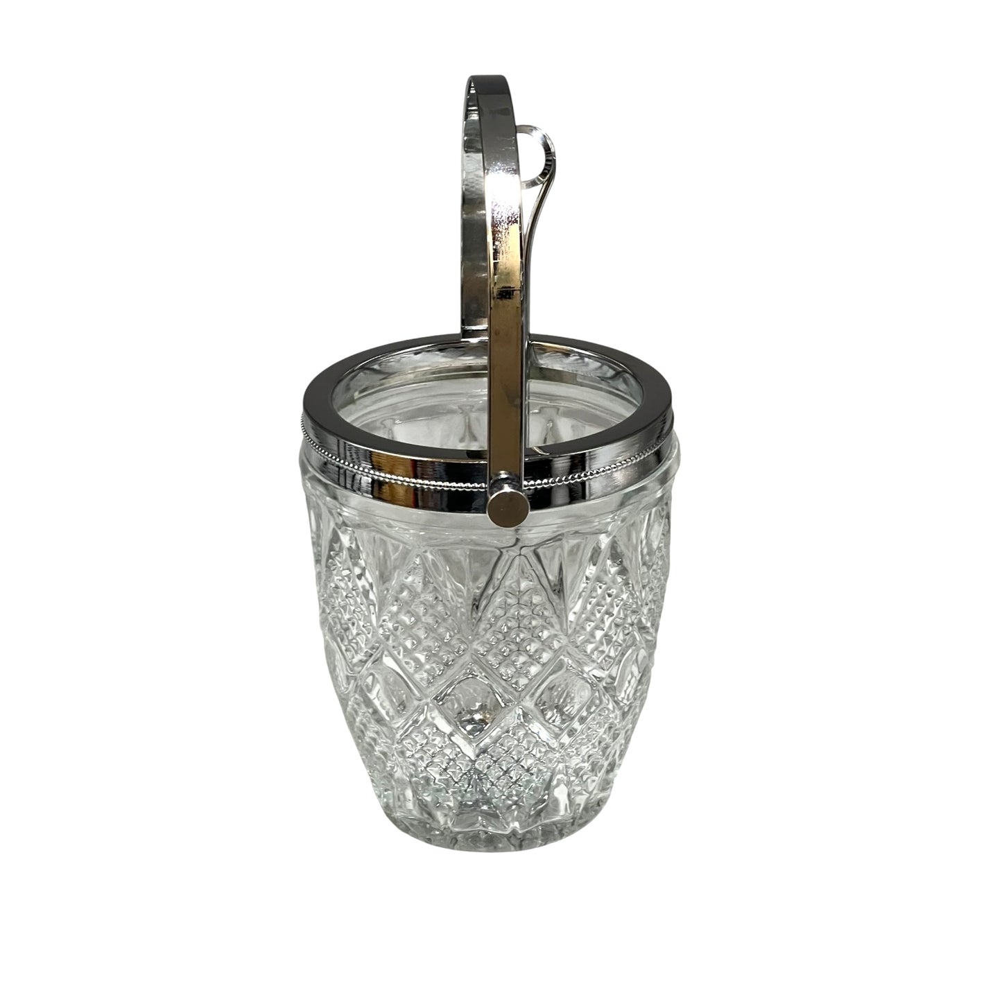 Clear glass ice bucket with silver scoop and handle on a white background