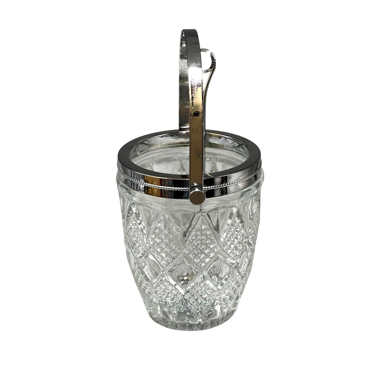 Clear glass ice bucket with silver scoop and handle on a white background