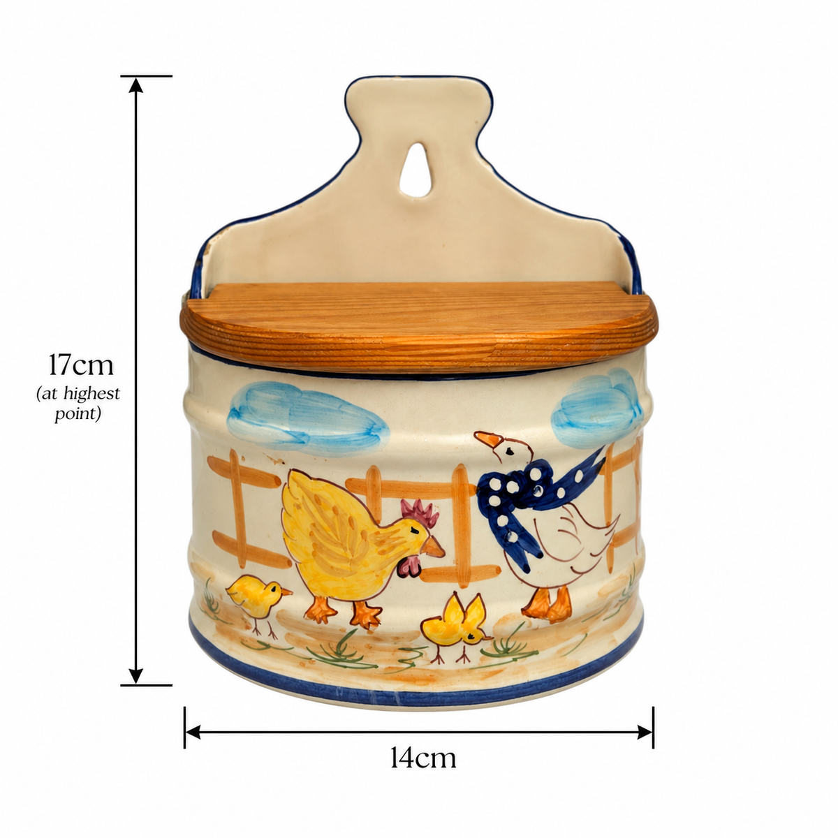 French ceramic salt pig on, farmyard decoration and a wooden lid on a white background With dimensions 