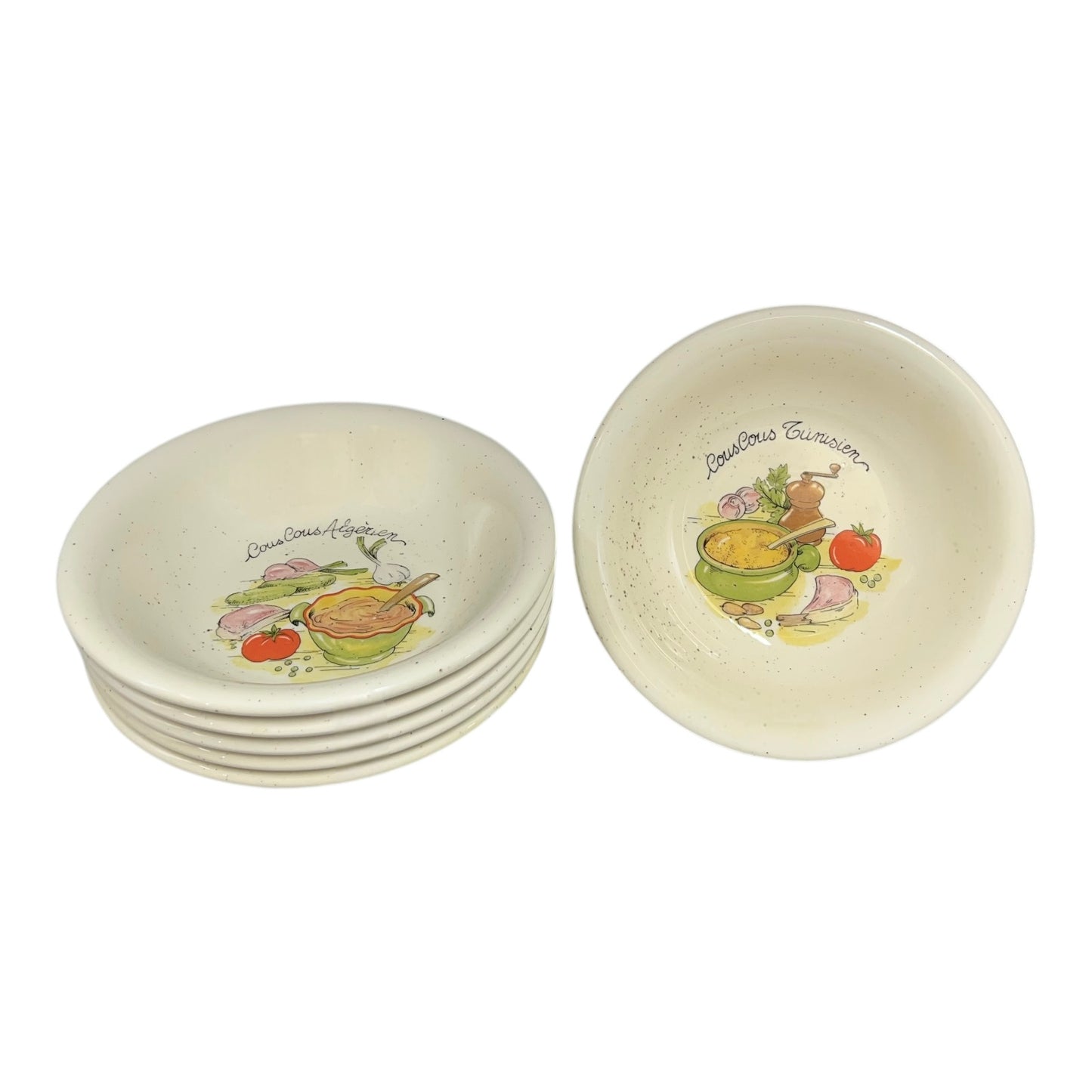 6 ceramic cous cous bowls decorated with recipe pictures on a white backgroundi