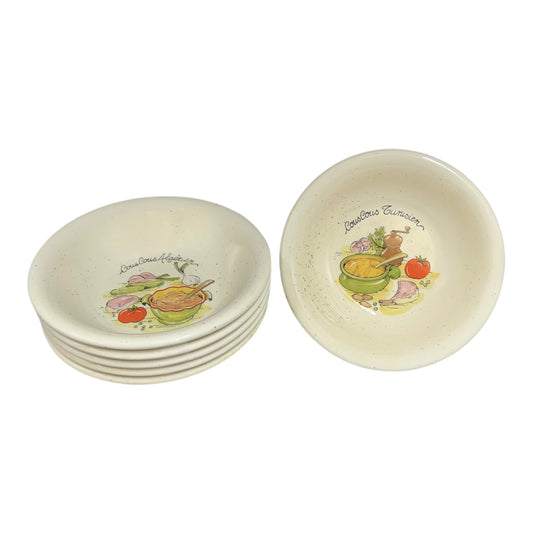 6 ceramic cous cous bowls decorated with recipe pictures on a white backgroundi