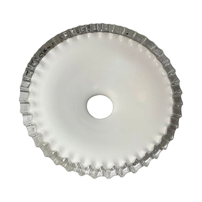 A circular white glass ceiling light shade with a scalloped, fluted outer rim and a central mounting hole, shown against a plain white background.