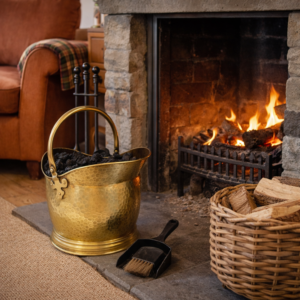 Brass fire bucket, poker, and wood basket in front of a roaring fireplace.