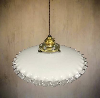 Vintage French Glass Ceiling Pendant Light, Milk Glass Hanging Lampshade for sale from All Things French Store