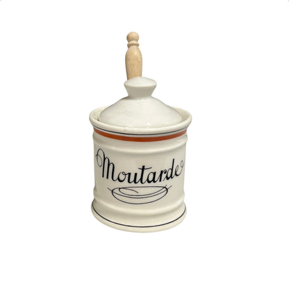 White mustard jar with wooden lid on a white background