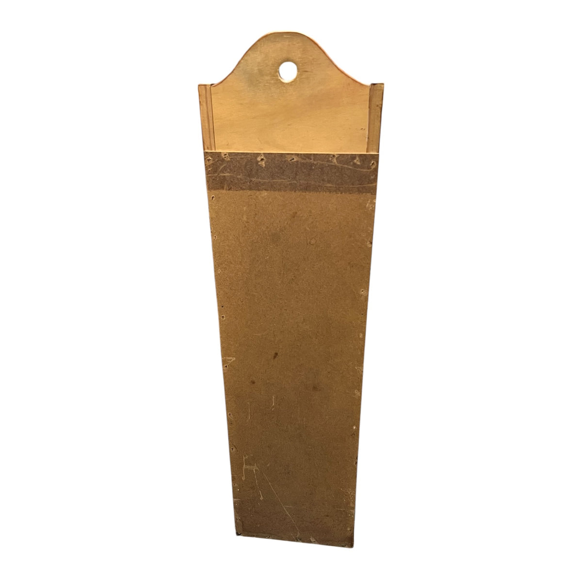 A vintage wooden baguette box, featuring a warm gold-toned finish and some age-related wear and scratches, set against a plain white background - back view