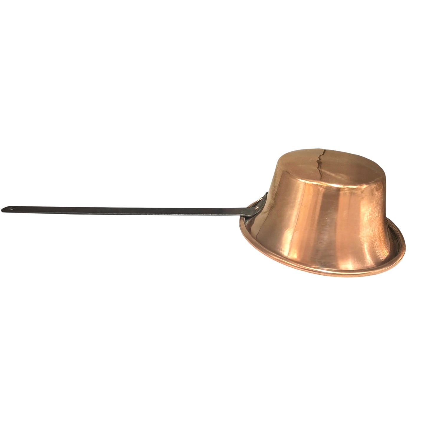 French vintage copper ladle pan with a black handle on a white background
