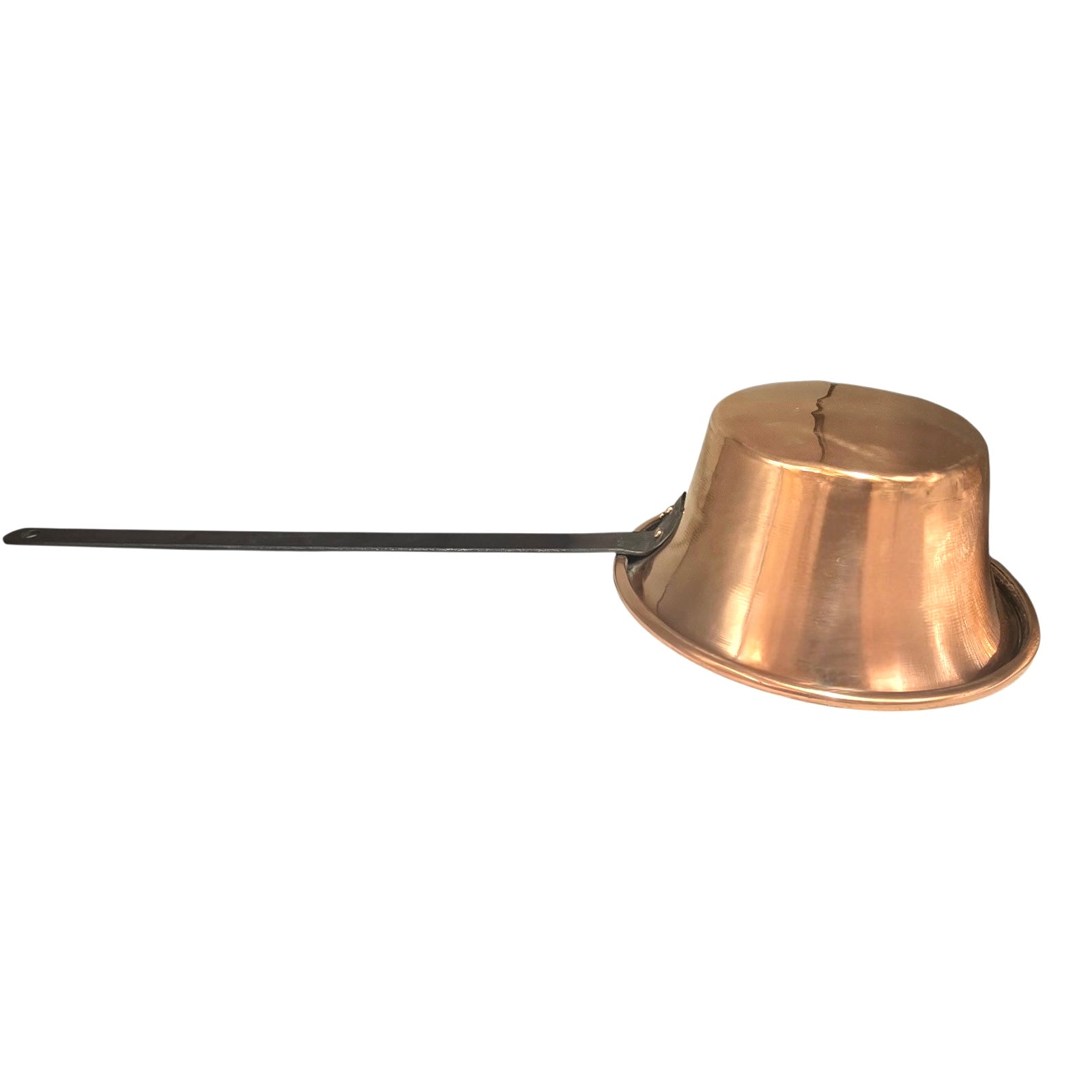 French vintage copper ladle pan with a black handle on a white background