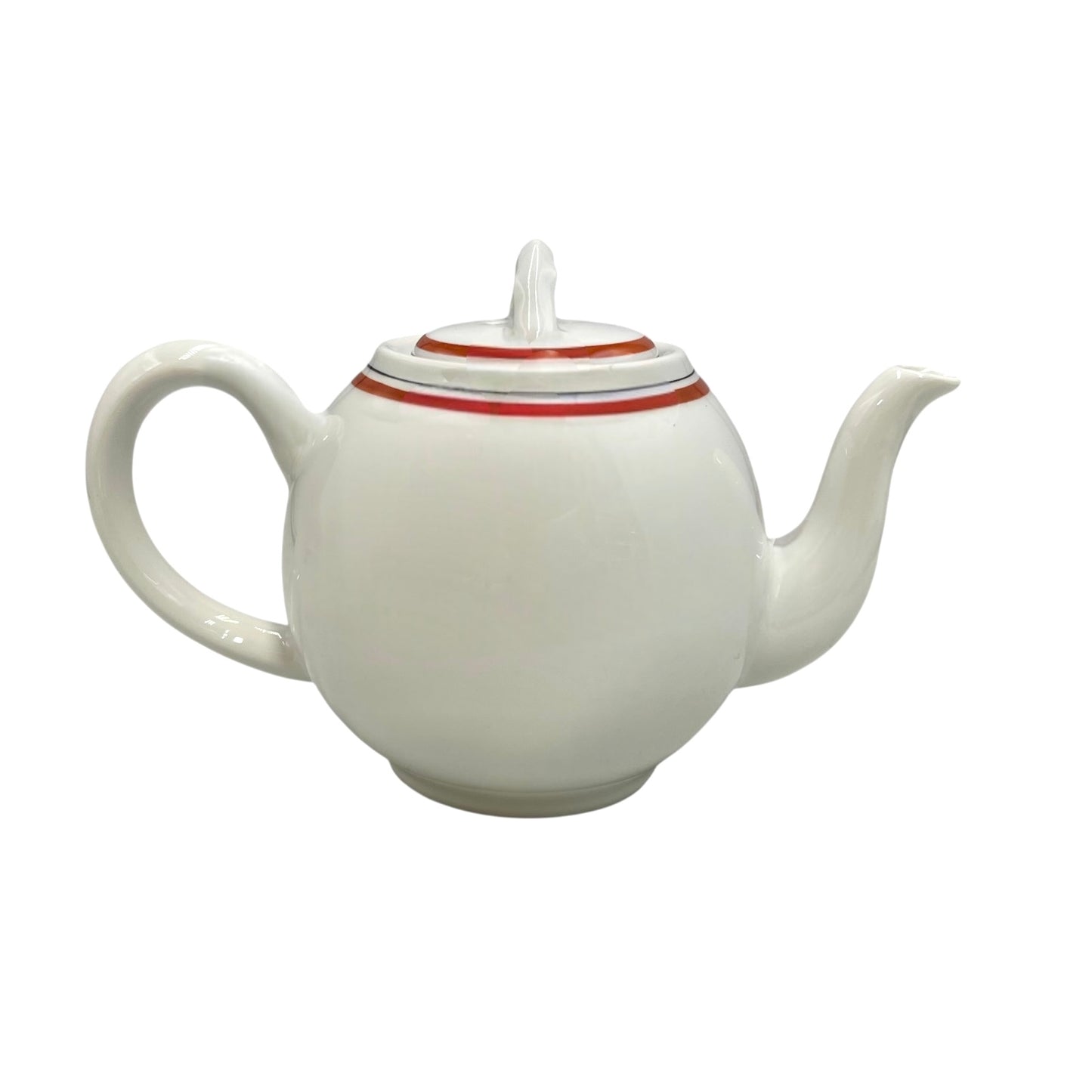 White teapot with a red stripe on the lid against a white background
