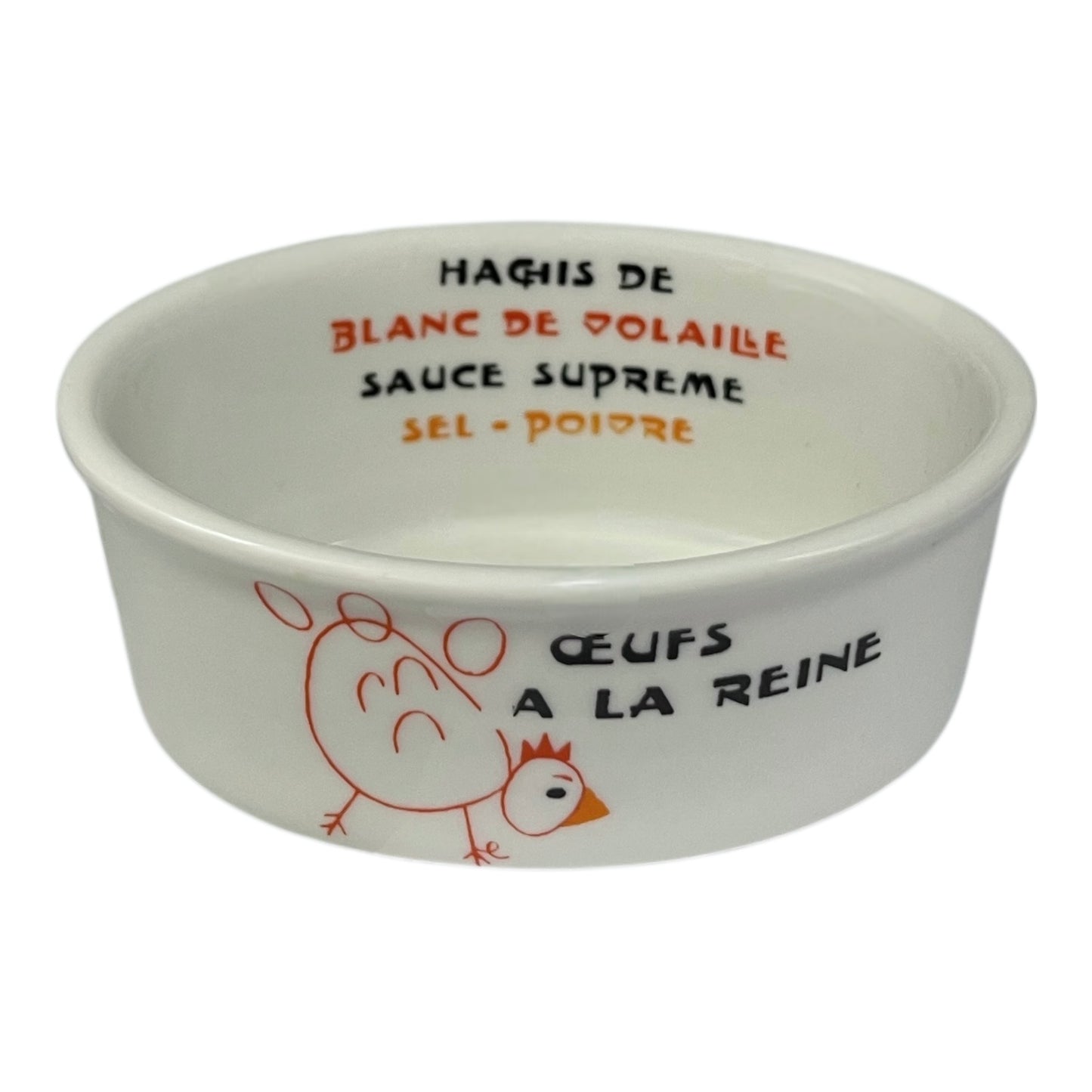 White ceramic bowl with text and a chicken illustration on a white background