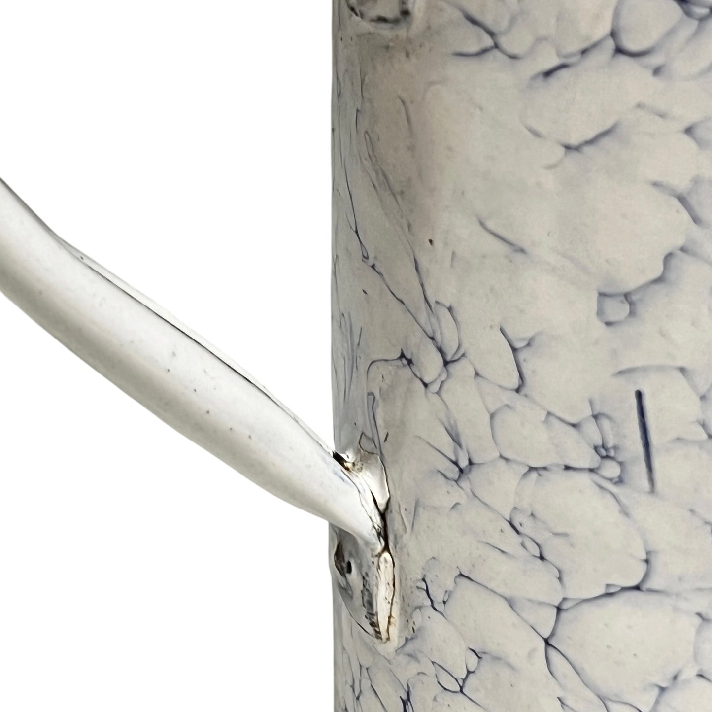 Close up of a French enamel vintage garden wall mounted planter or kitchen bathroom storage pot, on a white background 