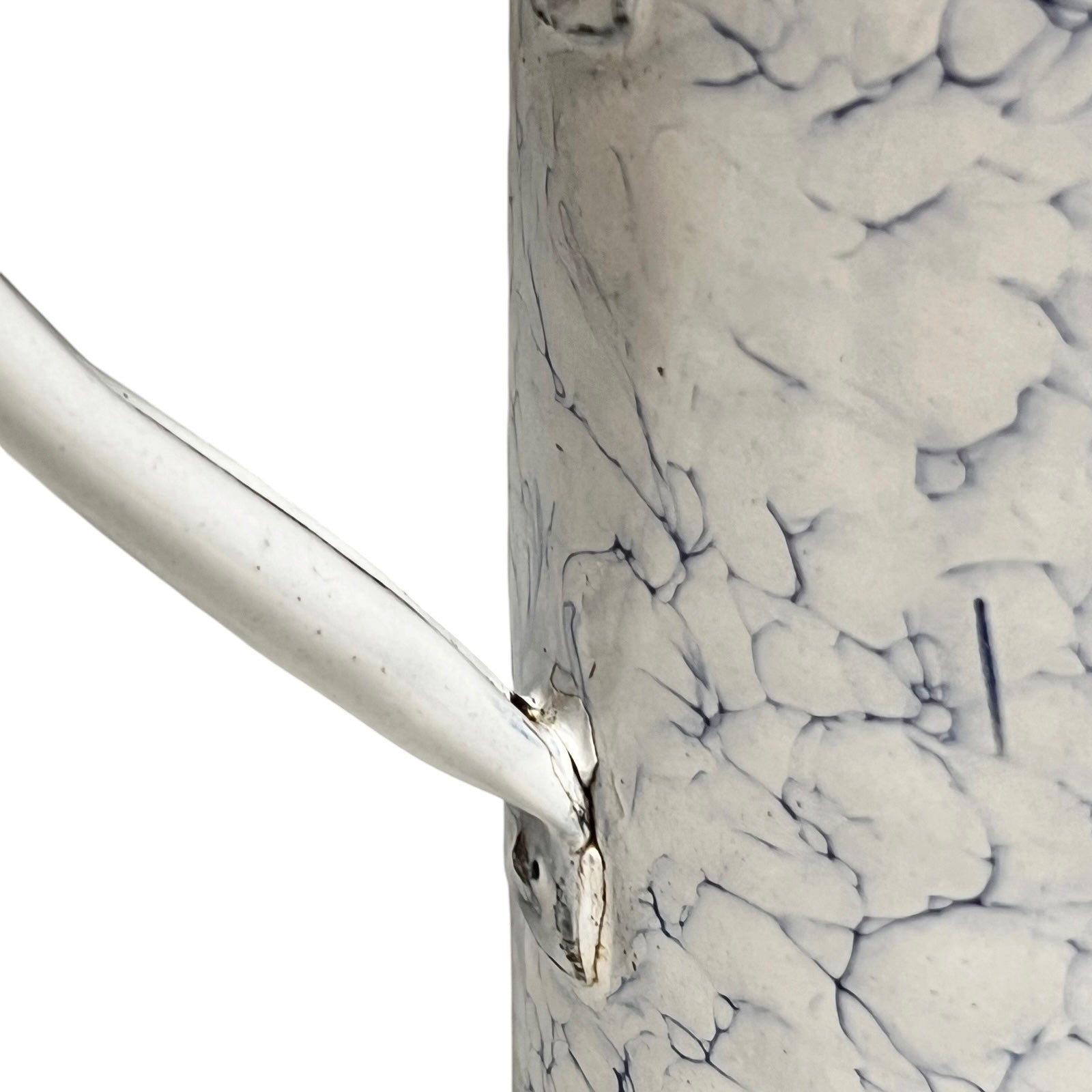 Close up of a French enamel vintage garden wall mounted planter or kitchen bathroom storage pot, on a white background 