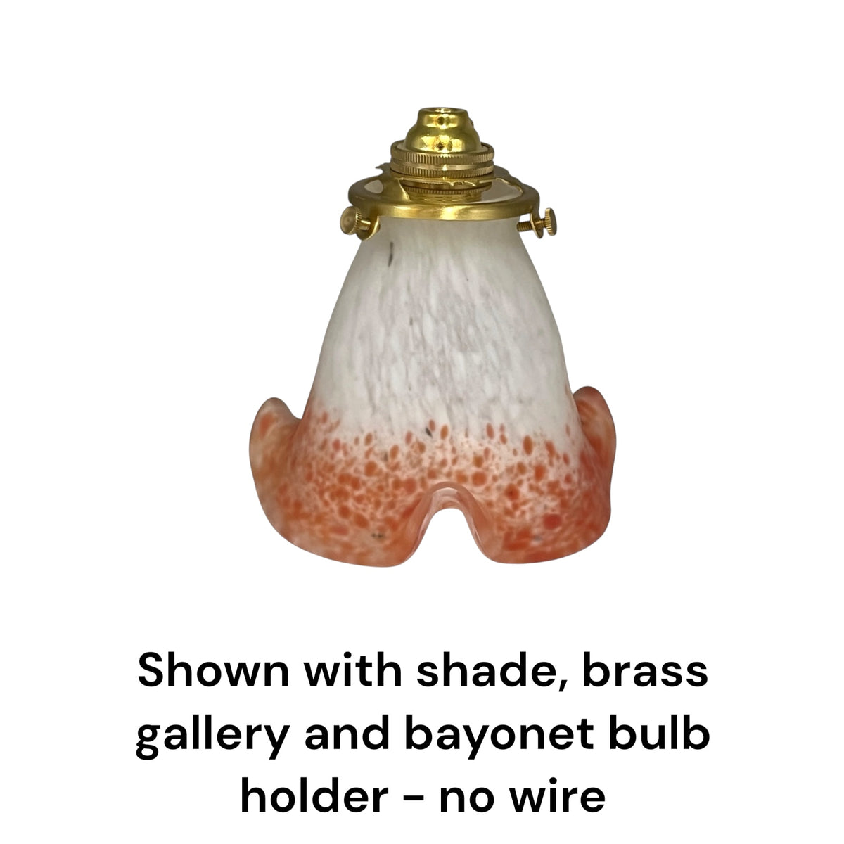 Tulip shaped mottled coral coloured glass lampshade with a brass collar and text underneath detailing buying options shown on a white background 