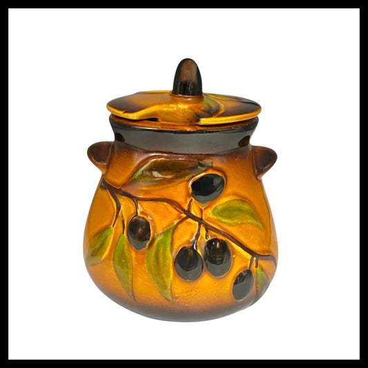 French Olive Jar, French Hand Made Ceramic Glazed Lidded Olive Pot