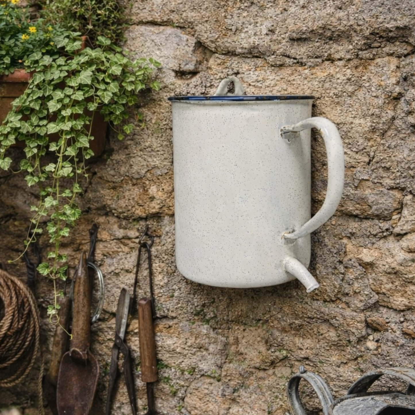 White enamel planter with blue rim attached to a stone wall with garden tools and plants.