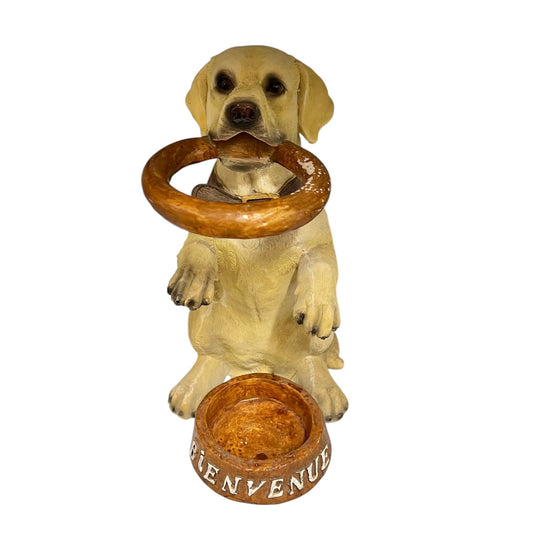 Dog shaped umbrella stand with a wooden ring on a white background