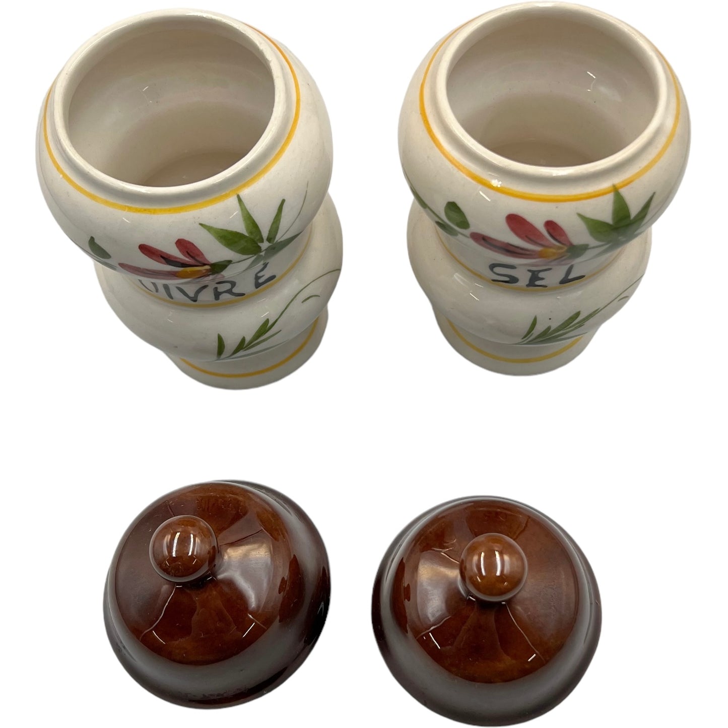 Pair of French vintage ceramic canisters for salt and pepper