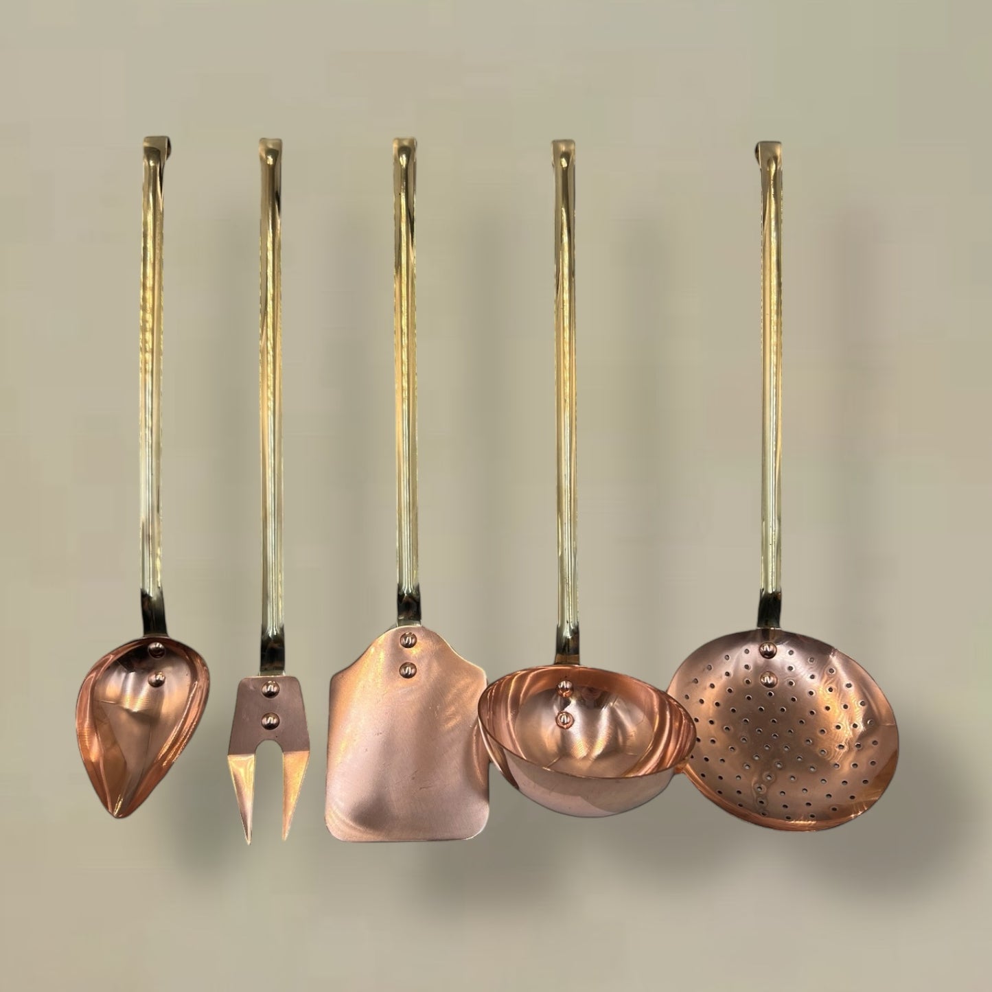 Set of 5 Vintage French Copper Kitchen Utensils, Farmhouse Kitchen Style