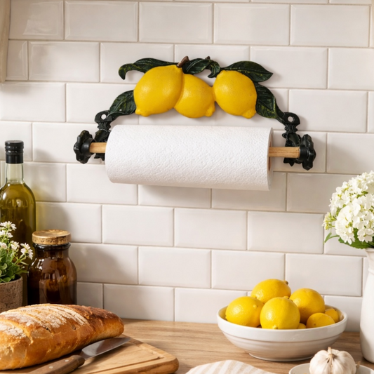 Kitchen roll holder with lemons design mounted on a tiled wall, with a bowl of lemons and bread on a wooden counter.