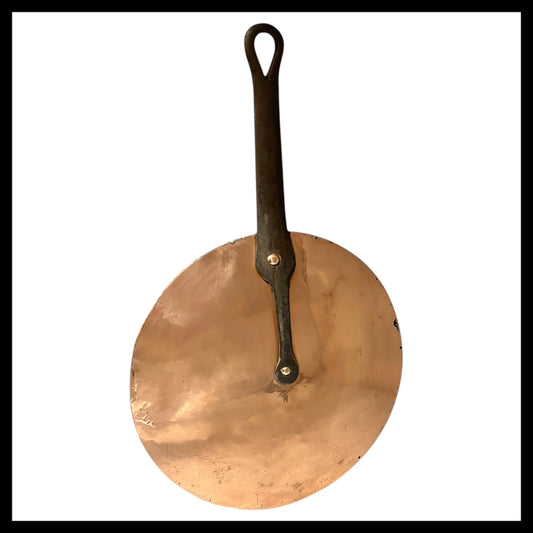 French antique copper pan lid with initial M and cast iron handle