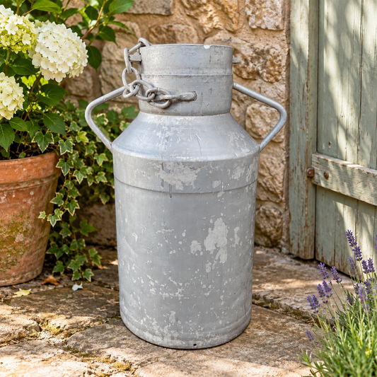 A distressed galvanized metal milk canister with side handles and a chain lock, placed outdoors on a stone patio next to a wooden door, stone wall, and potted plants.