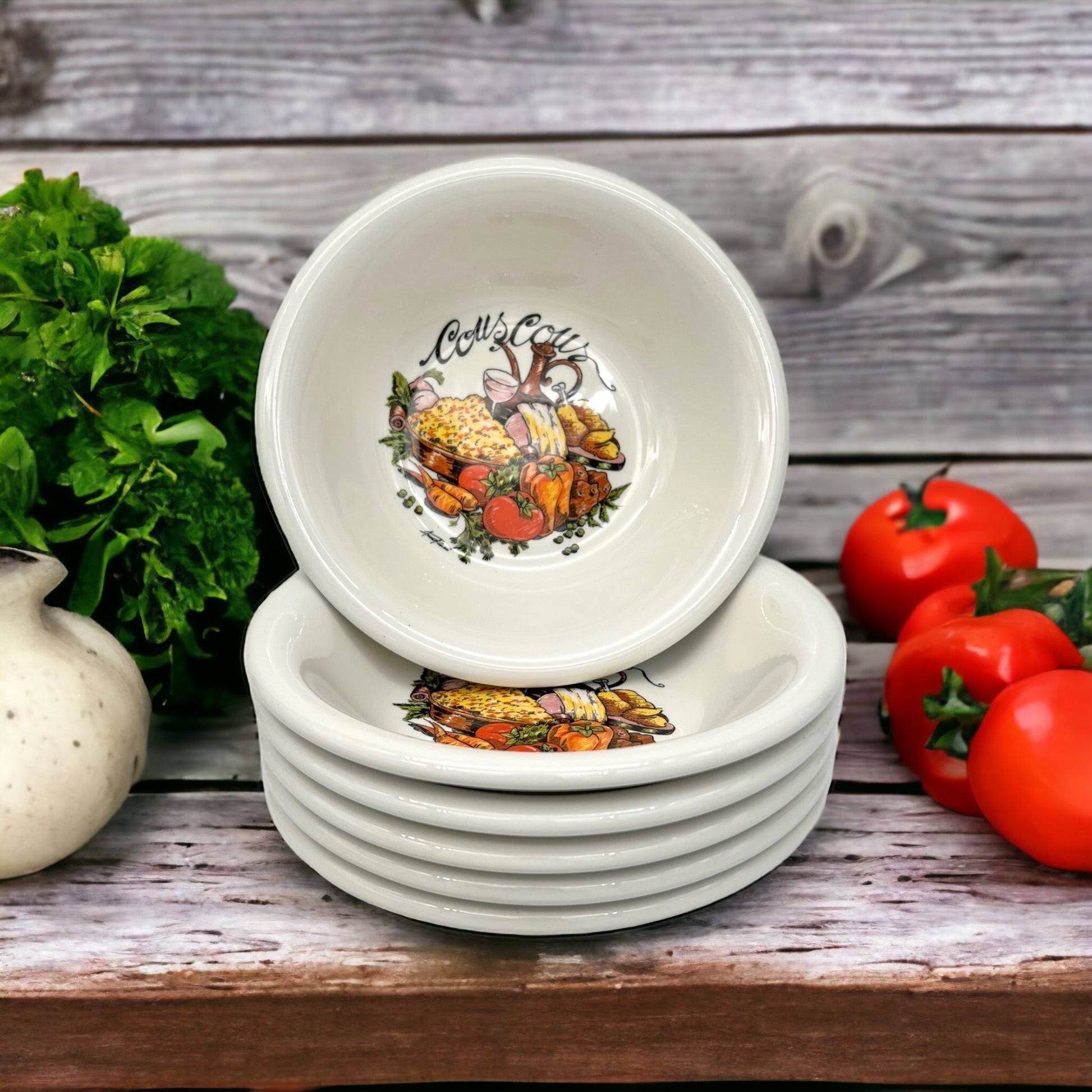 image Italian La Primula hand painted couscous bowls on a rustic table with vegetables 