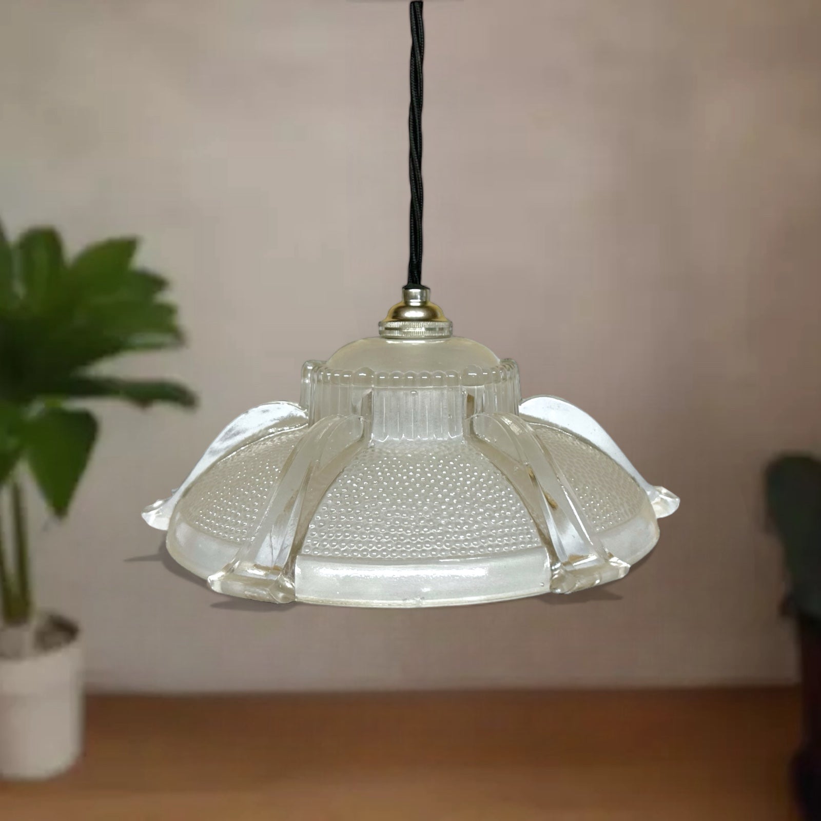 French vintage glass hanging pendant lampshade light 