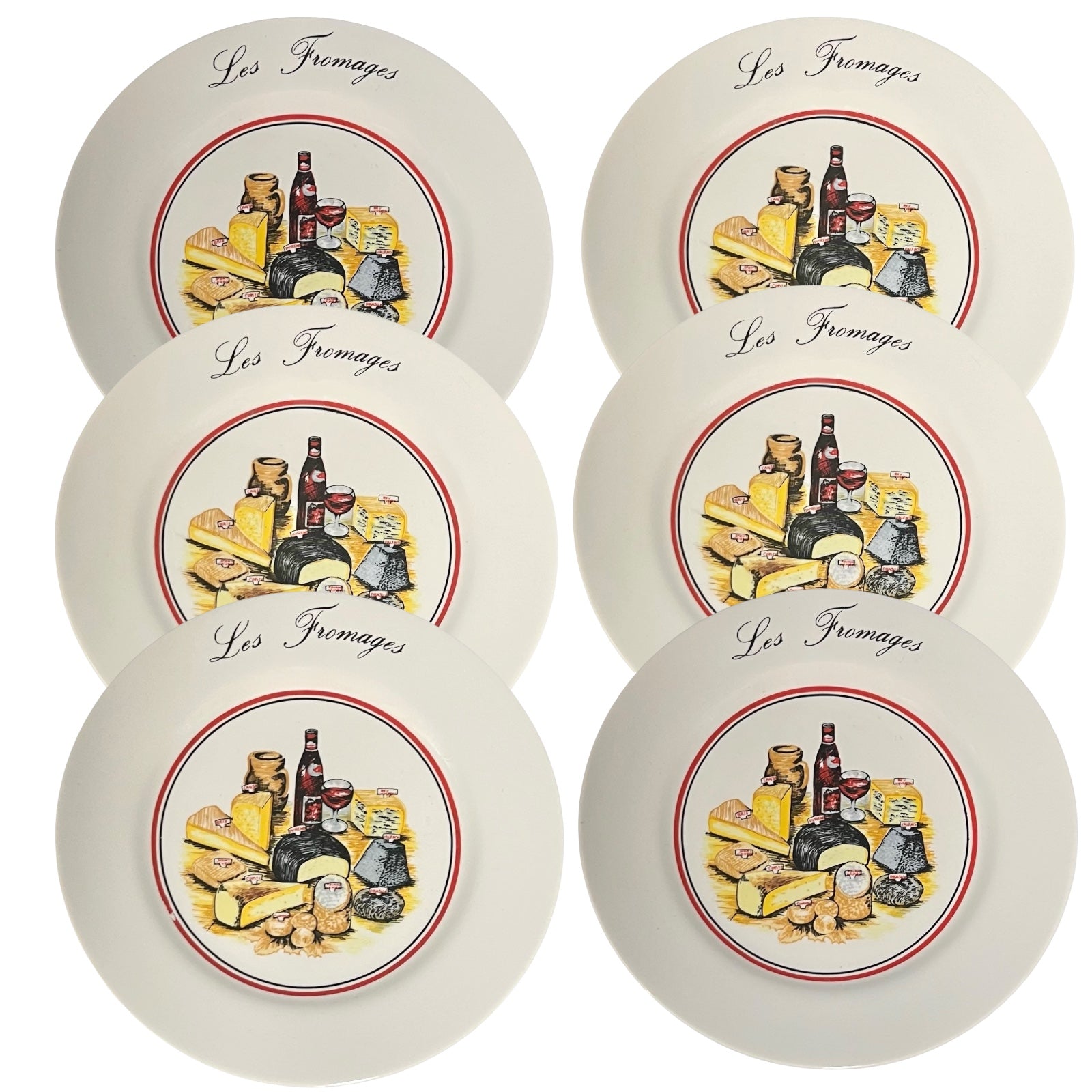 Set of ceramic plates with cheese illustration and 'Les Fromages' text on a white background