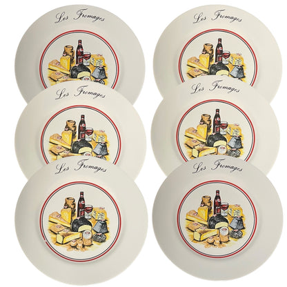 Set of ceramic plates with cheese illustration and 'Les Fromages' text on a white background