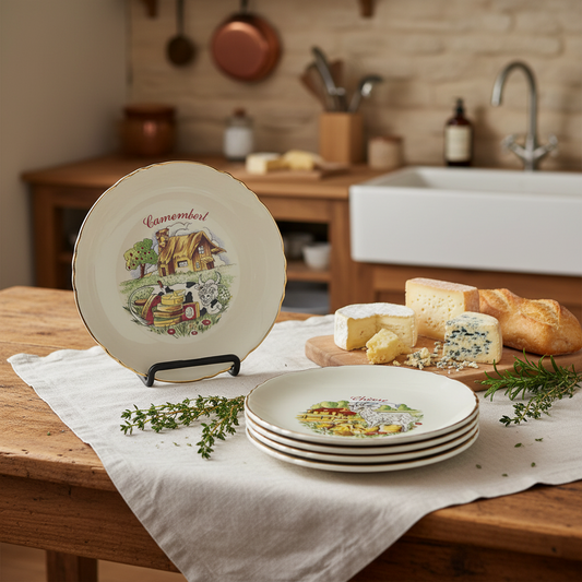 Decorative plates with a farmhouse design on a kitchen counter with cheese and bread.