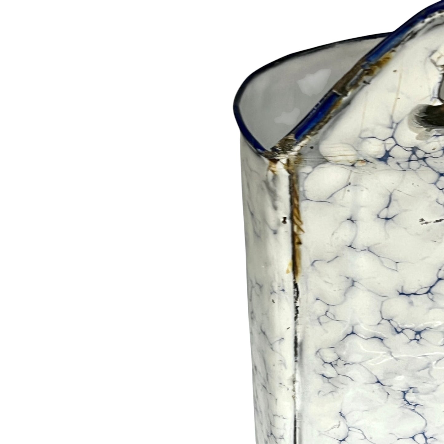 Close-up of a decorative enamel container or vase with a white marbled pattern and dark blue rim, shown against a plain white background.