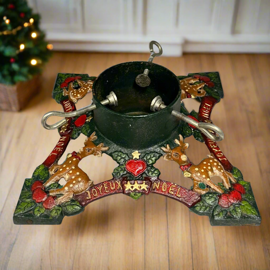 Decorative Christmas Tree holder with reindeer, berries, and 'Joyeux Noel' text on a wooden floor in a cosy home for sale from All Things French Store