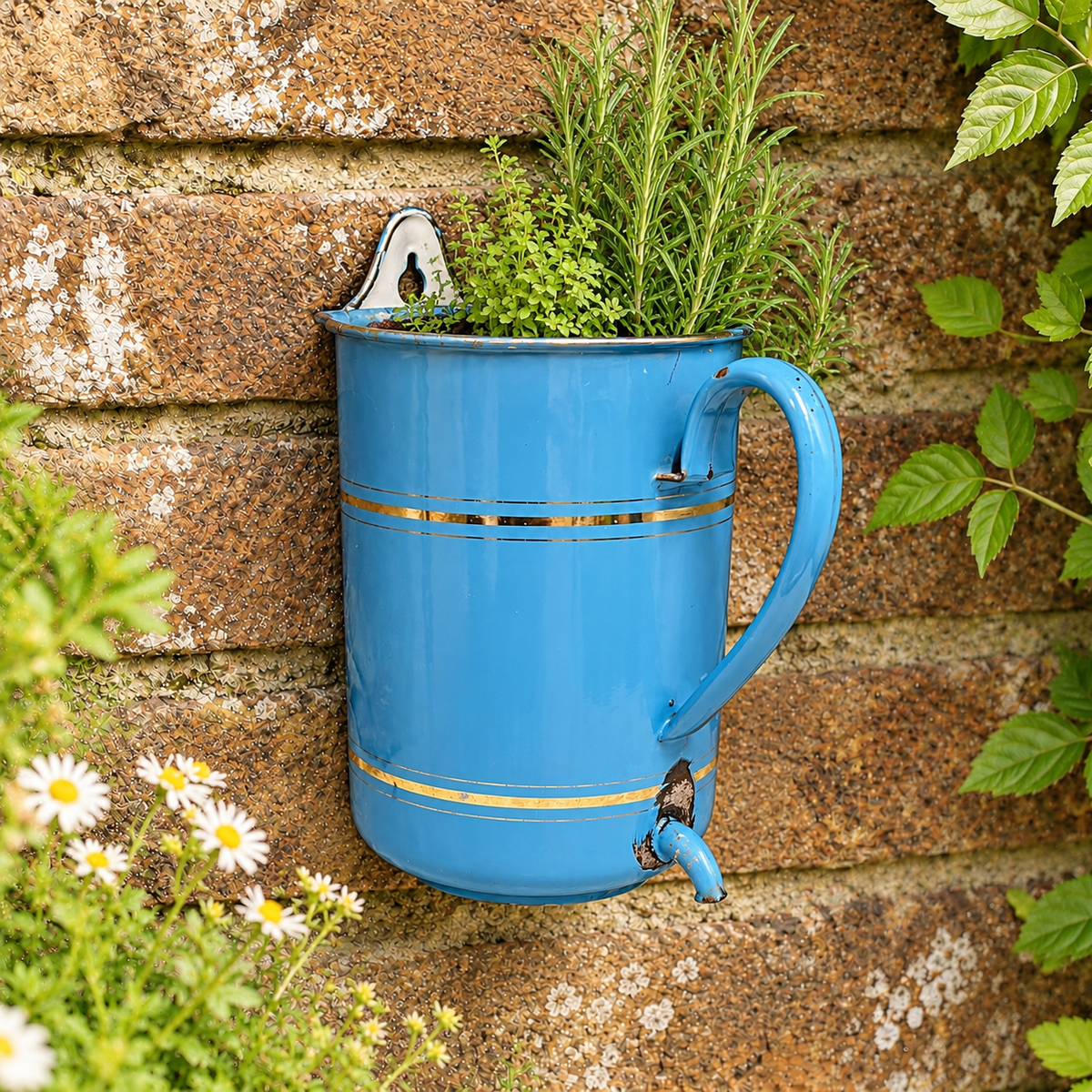 A blue enamel wall-mounted planter shaped like a vintage watering can, filled with green herbs, mounted on a rustic brick wall with surrounding garden foliage.