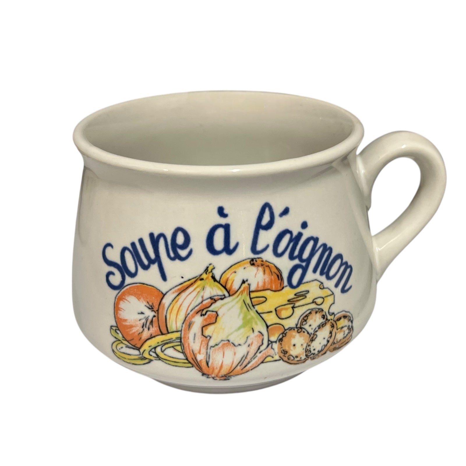 Ceramic mug with onion-themed design and text on a white background