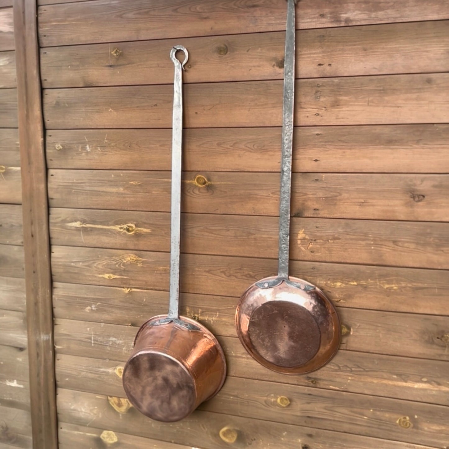 Pair of French Copper Pans with Long Handles – Tin Lined, Rustic Farmhouse Kitchen Decor