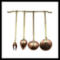 Set of 4 French copper and brass utensils on a hanging bar for sale by All Things French Store