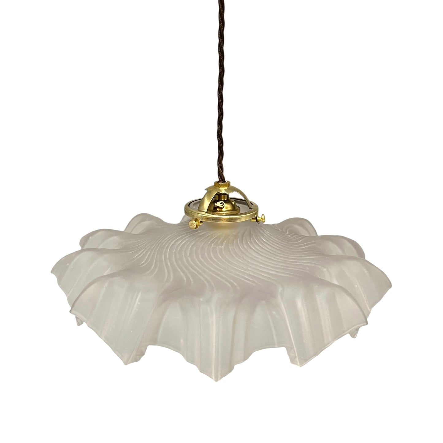 A French vintage frosted clear glass lampshade with a charming frilled edge, featuring a brass collar, bulb holder, and vintage-style twisted wiring. Perfect for adding a touch of period elegance to any vintage-inspired home decor, set against a crisp white background.