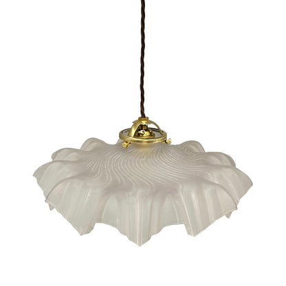 A French vintage frosted clear glass lampshade with a charming frilled edge, featuring a brass collar, bulb holder, and vintage-style twisted wiring. Perfect for adding a touch of period elegance to any vintage-inspired home decor, set against a crisp white background.