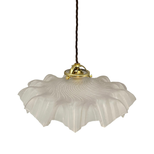 A French vintage frosted clear glass lampshade with a charming frilled edge, featuring a brass collar, bulb holder, and vintage-style twisted wiring. Perfect for adding a touch of period elegance to any vintage-inspired home decor, set against a crisp white background.